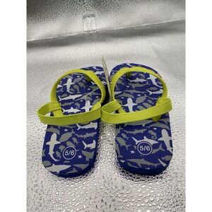 Shark Print Kids Blue Yellow Flip Flop Sandals Adjustable Strap Size 5/6